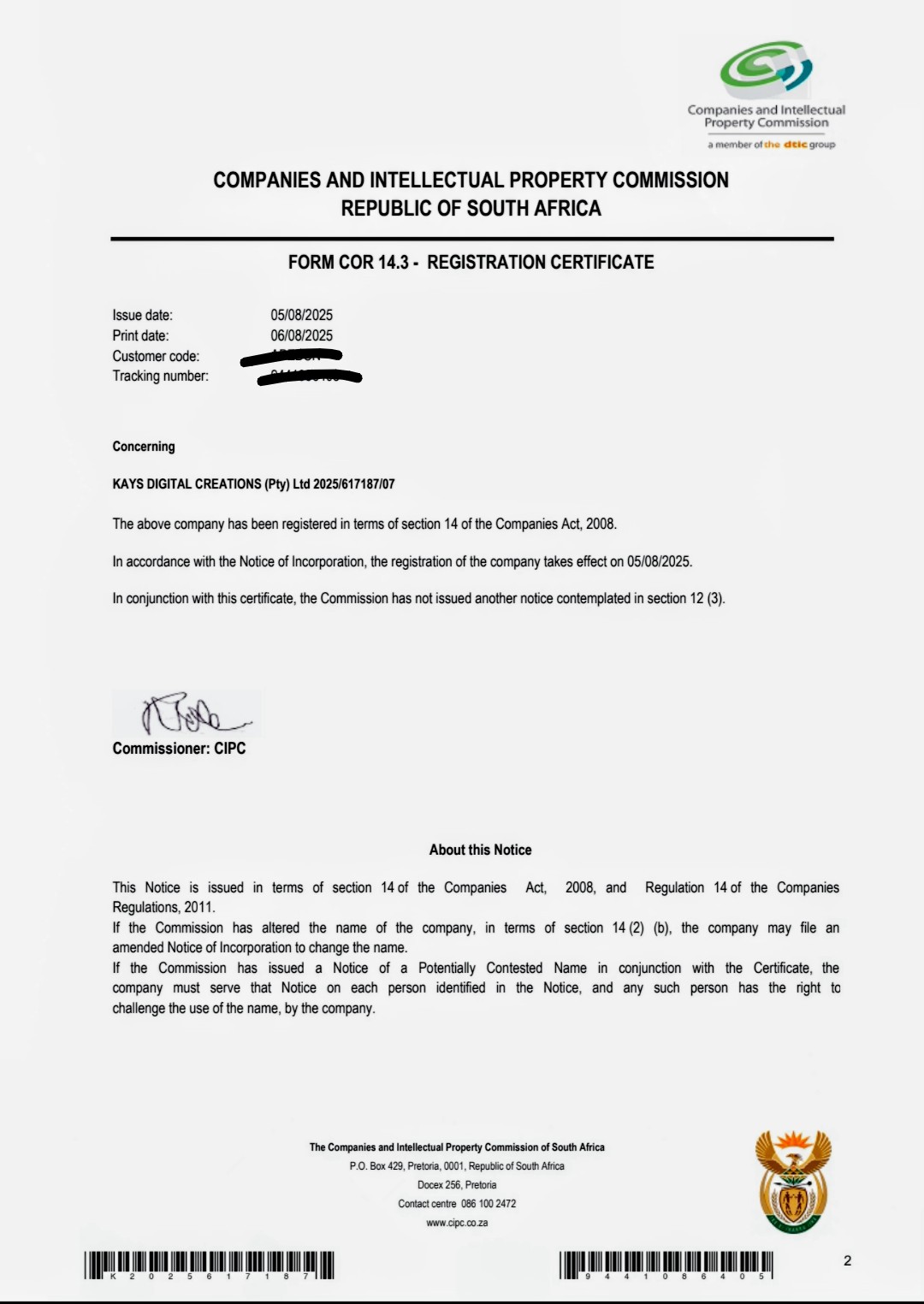 CIPC Registration Certificate